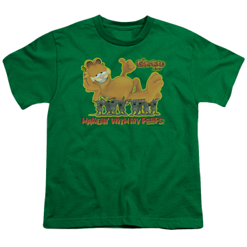 Kelly green kid's t-shirt for ages 4 to 7 with Garfield My Peeps graphic