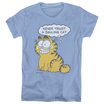 Carolina blue women's t-shirt with Garfield Smiling Cat graphic