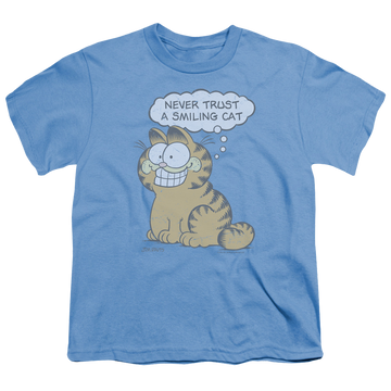 Carolina blue youth t-shirt for ages 8 to 12 with Garfield Smiling Cat graphic