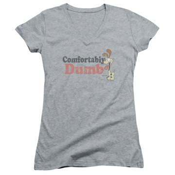Athletic heather juniors v-neck t-shirt with Garfield Comfortably Dumb graphic