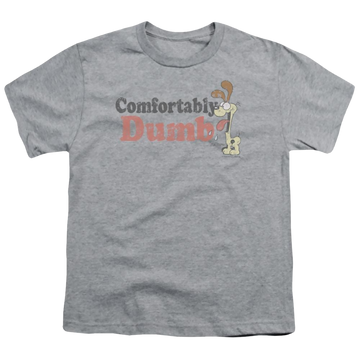 Athletic heather youth t-shirt for ages 8 to 12 with Garfield Comfortably Dumb graphic