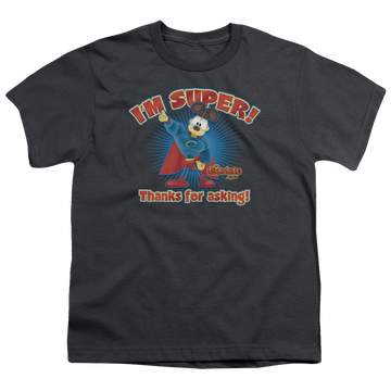 Charcoal youth t-shirt for ages 8 to 12 with Garfield Super graphic