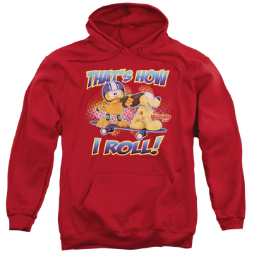 Red pullover hoodie with Garfield How I Roll graphic