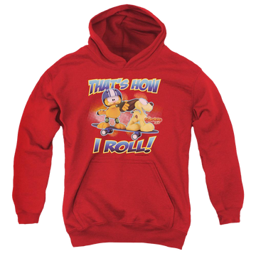 Red youth hoodie for ages 8 to 12 with Garfield How I Roll graphic