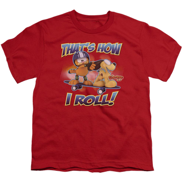 Red youth t-shirt for ages 8 to 12 with Garfield How I Roll graphic