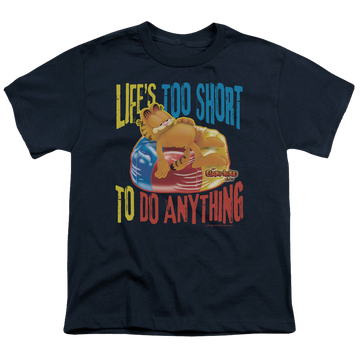 Navy kid's t-shirt for ages 4 to 7 with Garfield Too Short graphic