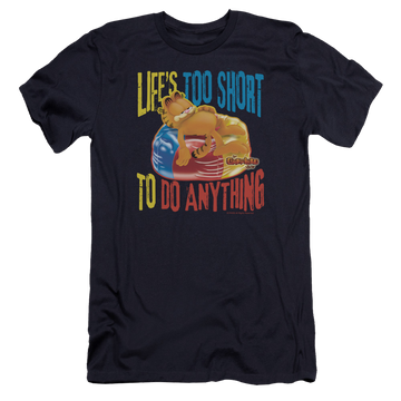 Navy men's premium slim fit t-shirt with Garfield Too Short graphic