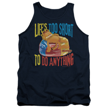 Navy men's tank with Garfield Too Short graphic