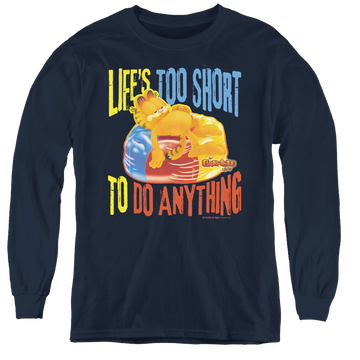 Navy youth long sleeve t-shirt with Garfield Too Short graphic