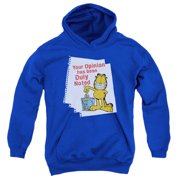 Royal youth hoodie for ages 8 to 12 with Garfield Duly Noted graphic