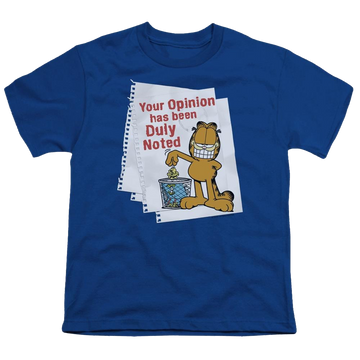 Royal youth t-shirt for ages 8 to 12 with Garfield Duly Noted graphic