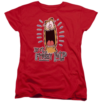 Red women's t-shirt with Garfield Friday graphic