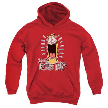 Red youth hoodie for ages 8 to 12 with Garfield Friday graphic