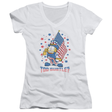 White juniors v-neck t-shirt with Garfield Subtle graphic