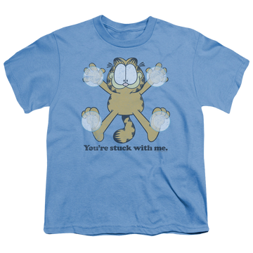 Carolina blue youth t-shirt for ages 8 to 12 with Garfield Stuck graphic