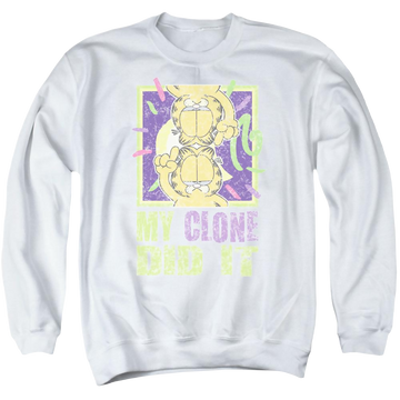 White men's crewneck sweatshirt with Garfield My Clone Did It graphic