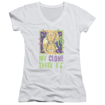White juniors v-neck t-shirt with Garfield My Clone Did It graphic
