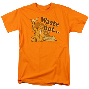 Orange men's regular fit t-shirt with Garfield Waste Not graphic