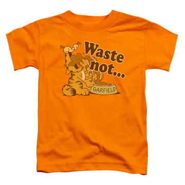 Orange toddler t-shirt with Garfield Waste Not graphic