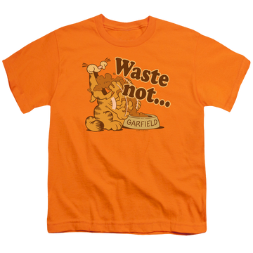 Orange youth t-shirt for ages 8 to 12 with Garfield Waste Not graphic
