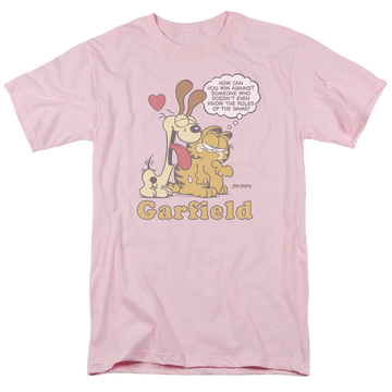 Pink men's regular fit t-shirt with Garfield Cant Win graphic