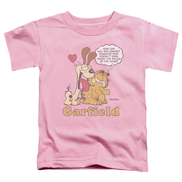 Pink toddler t-shirt with Garfield Cant Win graphic