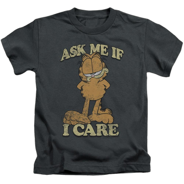Charcoal kid's t-shirt for ages 4 to 7 with Garfield Ask Me graphic