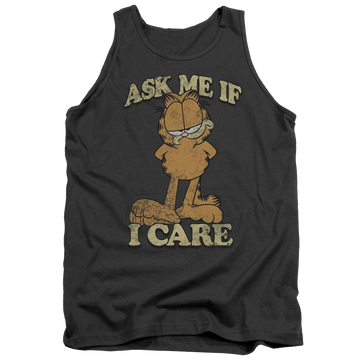 Charcoal men's tank with Garfield Ask Me graphic