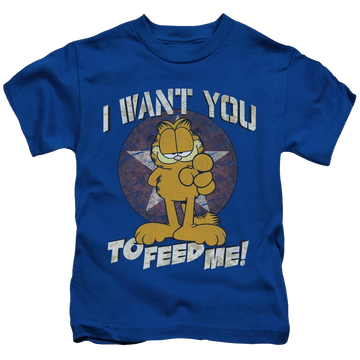 Royal kid's t-shirt for ages 4 to 7 with Garfield I Want You Blue graphic