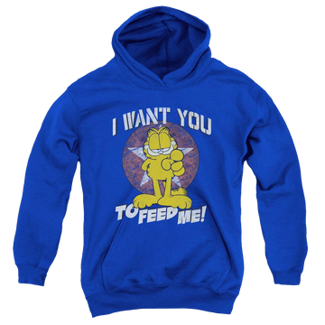 Royal youth hoodie for ages 8 to 12 with Garfield I Want You graphic