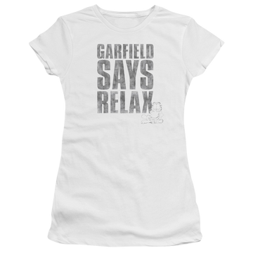 White juniors t-shirt with Garfield Relax graphic