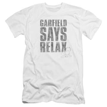 White men's premium slim fit t-shirt with Garfield Relax graphic