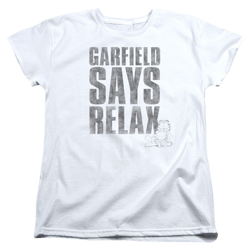 White women's t-shirt with Garfield Relax graphic