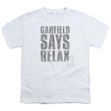 White youth t-shirt for ages 8 to 12 with Garfield Relax graphic