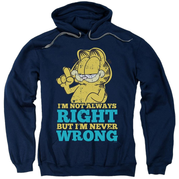Navy pullover hoodie with Garfield Never Wrong graphic
