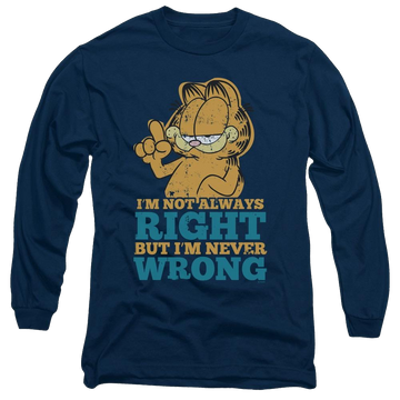 Navy men's long sleeve t-shirt with Garfield Never Wrong graphic