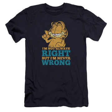 Navy men's premium slim fit t-shirt with Garfield Never Wrong graphic