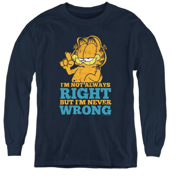 Navy youth long sleeve t-shirt with Garfield Never Wrong graphic