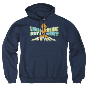 Navy pullover hoodie with Garfield Rise Not Shine graphic
