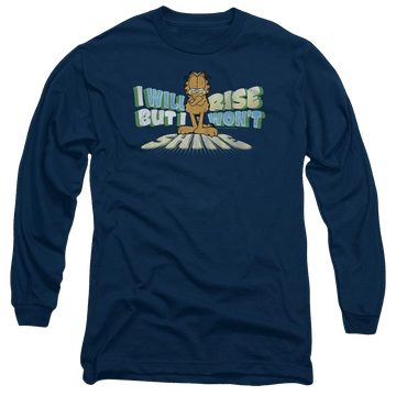 Navy men's long sleeve t-shirt with Garfield Rise Not Shine graphic