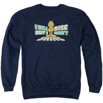 Navy men's crewneck sweatshirt with Garfield Rise Not Shine graphic