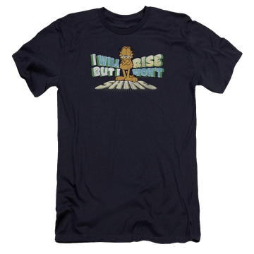 Navy men's premium slim fit t-shirt with Garfield Rise Not Shine graphic