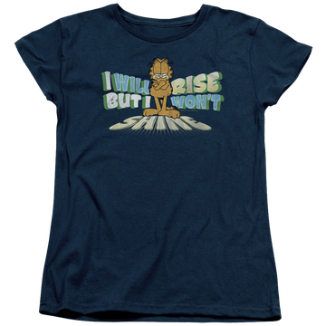 Navy women's t-shirt with Garfield Rise Not Shine graphic