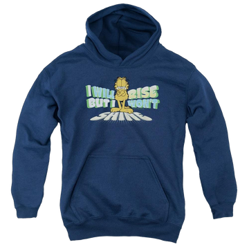 Navy youth hoodie for ages 8 to 12 with Garfield Rise Not Shine graphic