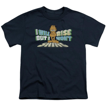 Navy youth t-shirt for ages 8 to 12 with Garfield Rise Not Shine graphic