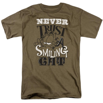 Safari green men's regular fit t-shirt with Garfield Never Trust graphic