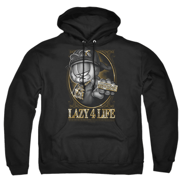 Black pullover hoodie with Garfield Lazy 4 Life graphic