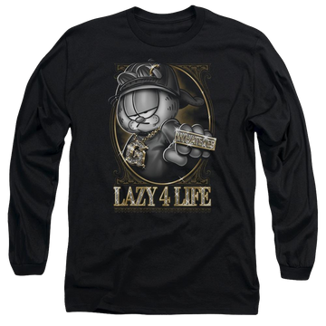 Black men's long sleeve t-shirt with Garfield Lazy 4 Life graphic
