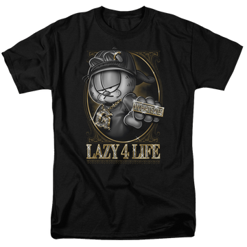 Black men's regular fit t-shirt with Garfield Lazy 4 Life graphic