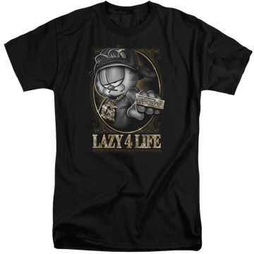 Black men's tall fit t-shirt with Garfield Lazy 4 Life graphic